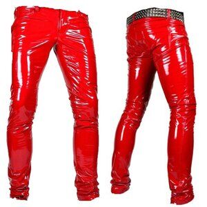 COPY - COPY - GOTHIC MEN RED BONE FIT PVC VINYL GLOSS FETISH ROCKER SKINNY JEAN…